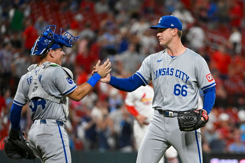 Jul 10, 2024; St. Louis, Missouri, USA;  Kansas City Royals relief pitcher James McArthur (66) celebrates with catcher Freddy Fermin (34) after the Royals defeated the St. Louis Cardinals at Busch Stadium. Mandatory Credit: Jeff Curry-USA TODAY Sports