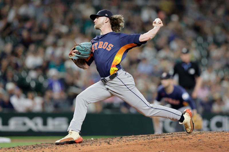 Jul 20, 2024; Seattle, Washington, USA; Houston Astros pitcher Josh Hader (71) throws against the Seattle Mariners during the ninth inning  at T-Mobile Park. Mandatory Credit: John Froschauer-USA TODAY Sports