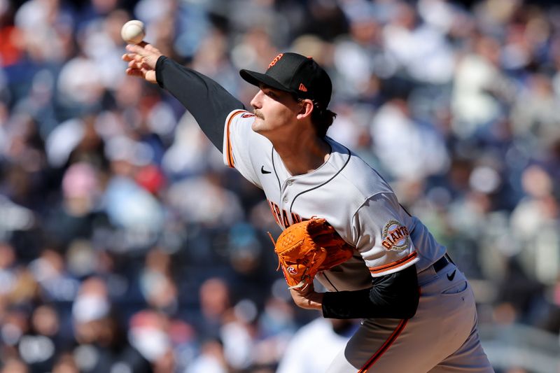 Apr 2, 2023; Bronx, New York, USA; San Francisco Giants relief pitcher Sean Hjelle (64) pitches against the New York Yankees during the sixth inning at Yankee Stadium. Mandatory Credit: Brad Penner-USA TODAY Sports