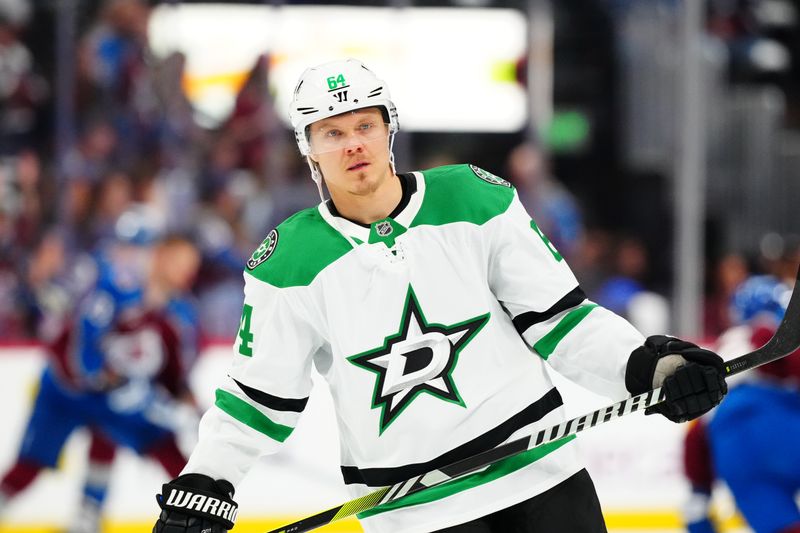 May 1, 2025; Denver, Colorado, USA; Dallas Stars center Mikael Granlund (64) before the game against the Colorado Avalanche in game six of the first round of the 2025 Stanley Cup Playoffs at Ball Arena. Mandatory Credit: Ron Chenoy-Imagn Images