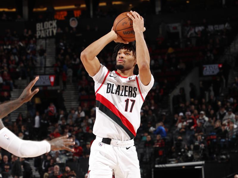 PORTLAND, OR - NOVEMBER 13: Shaedon Sharpe #17 of the Portland Trail Blazers shoots the ball during the game against the Minnesota Timberwolves on November 13, 2024 at the Moda Center Arena in Portland, Oregon. NOTE TO USER: User expressly acknowledges and agrees that, by downloading and or using this photograph, user is consenting to the terms and conditions of the Getty Images License Agreement. Mandatory Copyright Notice: Copyright 2024 NBAE (Photo by Cameron Browne/NBAE via Getty Images)