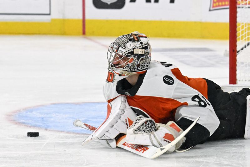 Feb 3, 2026; Philadelphia, Pennsylvania, USA; Philadelphia Flyers goaltender Dan Vladar (80) reacts after allowing a shorthanded goal against the Washington Capitals during the second period at Xfinity Mobile Arena. Mandatory Credit: Eric Hartline-Imagn Images