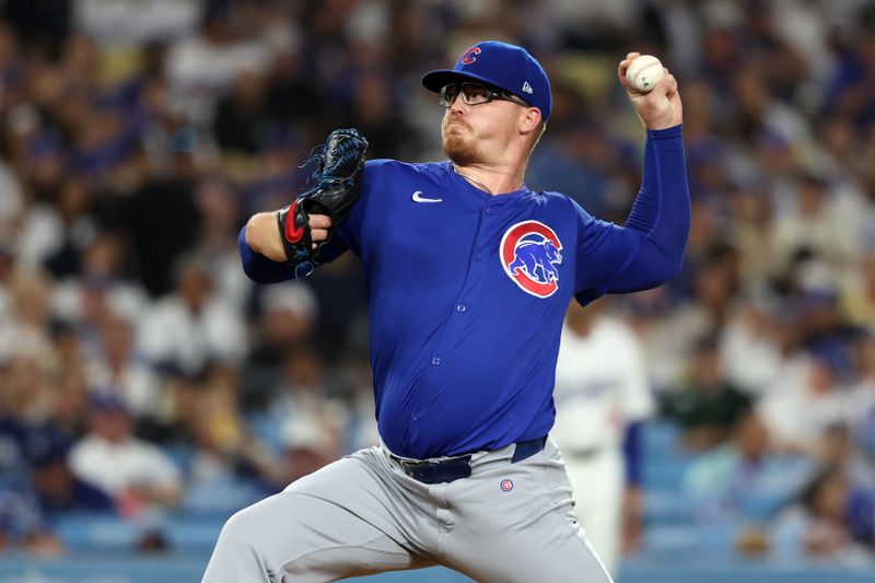 Sep 11, 2024; Los Angeles, California, USA;  Chicago Cubs starting pitcher Jordan Wicks (36) pitches during the first inning against the Los Angeles Dodgers at Dodger Stadium. Mandatory Credit: Kiyoshi Mio-Imagn Images