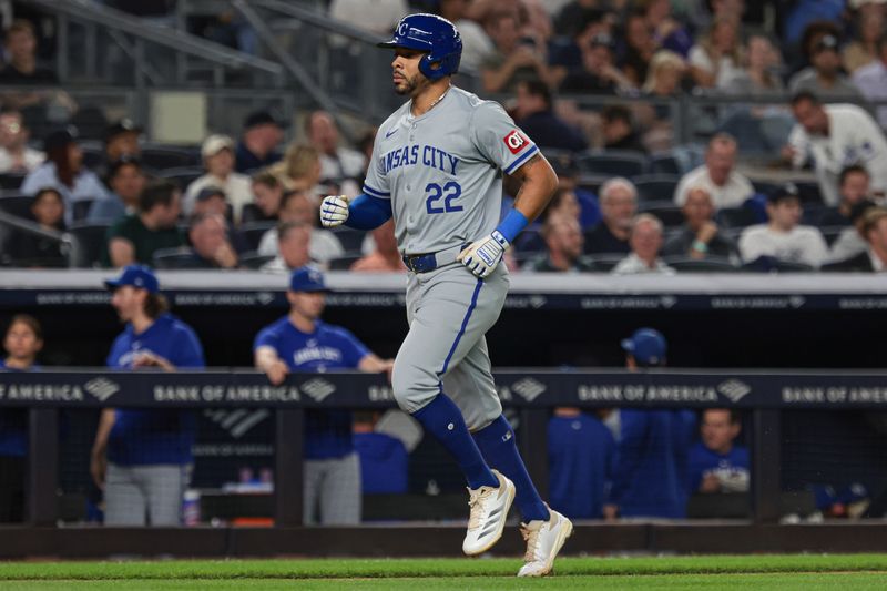 Sep 10, 2024; Bronx, New York, USA; Kansas City Royals left fielder Tommy Pham (22) runs the bases after hitting a solo home run during the seventh inning against the New York Yankees at Yankee Stadium. Mandatory Credit: Vincent Carchietta-Imagn Images