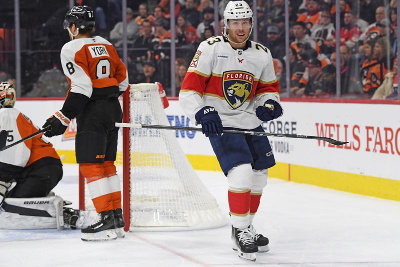 Dec 5, 2024; Philadelphia, Pennsylvania, USA; Florida Panthers center Carter Verhaeghe (23) celebrates his goal against the Philadelphia Flyers during the second period at Wells Fargo Center. Mandatory Credit: Eric Hartline-Imagn Images