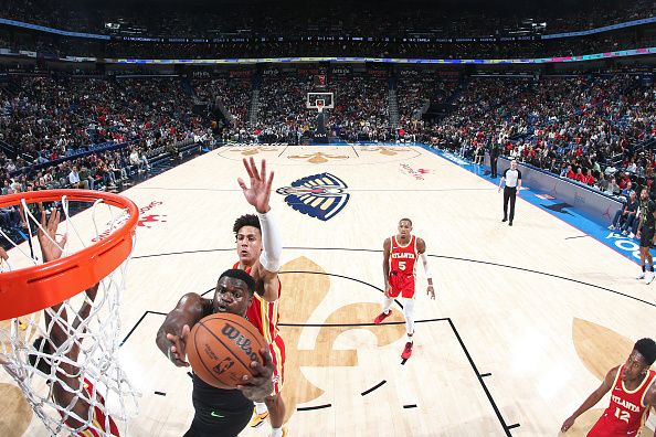 NEW ORLEANS, LA - NOVEMBER 4: Zion Williamson #1 of the New Orleans Pelicans shoots the ball during the game against the Atlanta Hawks on November 4, 2023 at the Smoothie King Center in New Orleans, Louisiana. NOTE TO USER: User expressly acknowledges and agrees that, by downloading and or using this Photograph, user is consenting to the terms and conditions of the Getty Images License Agreement. Mandatory Copyright Notice: Copyright 2023 NBAE (Photo by Layne Murdoch Jr./NBAE via Getty Images)