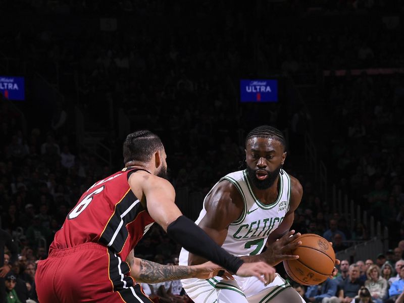 BOSTON, MA - APRIL 21: Jaylen Brown #7 of the Boston Celtics handles the ball during the game against the Miami Heat during Round 1 Game 1 of the 2024 NBA Playoffs on April 21, 2024 at the TD Garden in Boston, Massachusetts. NOTE TO USER: User expressly acknowledges and agrees that, by downloading and or using this photograph, User is consenting to the terms and conditions of the Getty Images License Agreement. Mandatory Copyright Notice: Copyright 2024 NBAE  (Photo by Brian Babineau/NBAE via Getty Images)