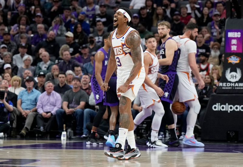 SACRAMENTO, CALIFORNIA - APRIL 12: Bradley Beal #3 of the Phoenix Suns reacts after making a three-point shot against the Sacramento Kings during the second half of an NBA basketball game at Golden 1 Center on April 12, 2024 in Sacramento, California. NOTE TO USER: User expressly acknowledges and agrees that, by downloading and or using this photograph, User is consenting to the terms and conditions of the Getty Images License Agreement. (Photo by Thearon W. Henderson/Getty Images)