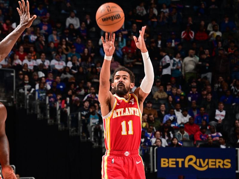 DETROIT, MI - NOVEMBER 8: Trae Young #11 of the Atlanta Hawks shoots the ball during the game against the Detroit Pistons on November  8, 2024 at Little Caesars Arena in Detroit, Michigan. NOTE TO USER: User expressly acknowledges and agrees that, by downloading and/or using this photograph, User is consenting to the terms and conditions of the Getty Images License Agreement. Mandatory Copyright Notice: Copyright 2024 NBAE (Photo by Chris Schwegler/NBAE via Getty Images)