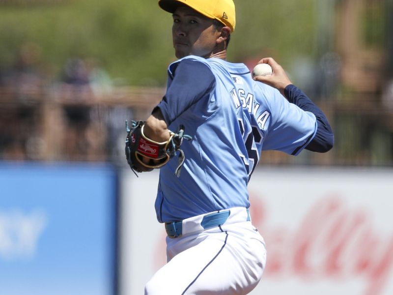 Mar 15, 2024; Port Charlotte, Florida, USA;  Tampa Bay Rays pitcher Naoyuki Uwasawa (36) throws a pitch against the Baltimore Orioles in the third inning at Charlotte Sports Park. Mandatory Credit: Nathan Ray Seebeck-USA TODAY Sports