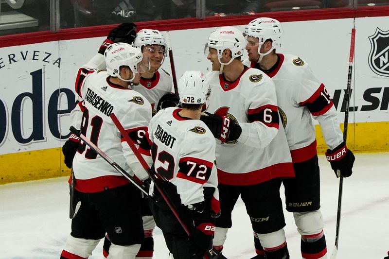 Feb 17, 2024; Chicago, Illinois, USA; Ottawa Senators defenseman Jakob Chychrun (6) celebrates his goal against the Chicago Blackhawks during the second period at United Center. Mandatory Credit: David Banks-USA TODAY Sports