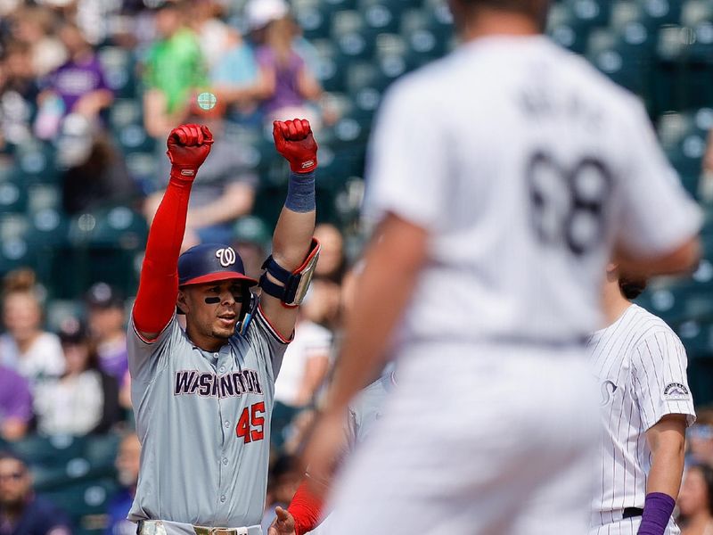 Jun 23, 2024; Denver, Colorado, USA; Washington Nationals first baseman Joey Meneses (45) reacts from first after hitting an RBI single against Colorado Rockies relief pitcher Jalen Beeks (68) in the ninth inning at Coors Field. Mandatory Credit: Isaiah J. Downing-USA TODAY Sports