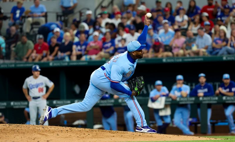 Jul 23, 2023; Arlington, Texas, USA;  Texas Rangers relief pitcher Aroldis Chapman (45) throws during the eighth inning against the Los Angeles Dodgers at Globe Life Field. Mandatory Credit: Kevin Jairaj-USA TODAY Sports