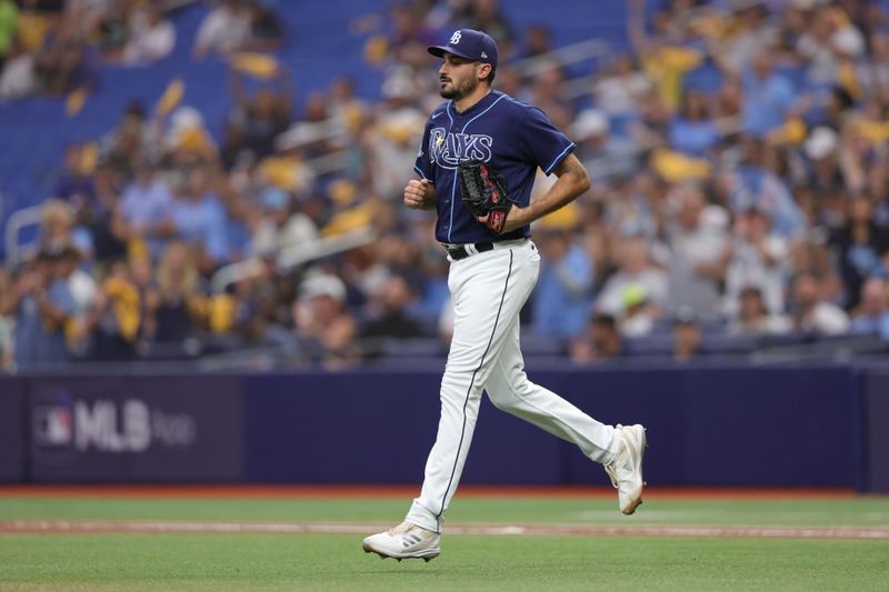 Oct 4, 2023; St. Petersburg, Florida, USA; Tampa Bay Rays starting pitcher Zach Eflin (24) takes the field before the start of game two of the Wildcard series for the 2023 MLB playoffs against the Texas Rangers at Tropicana Field. Mandatory Credit: Nathan Ray Seebeck-USA TODAY Sports