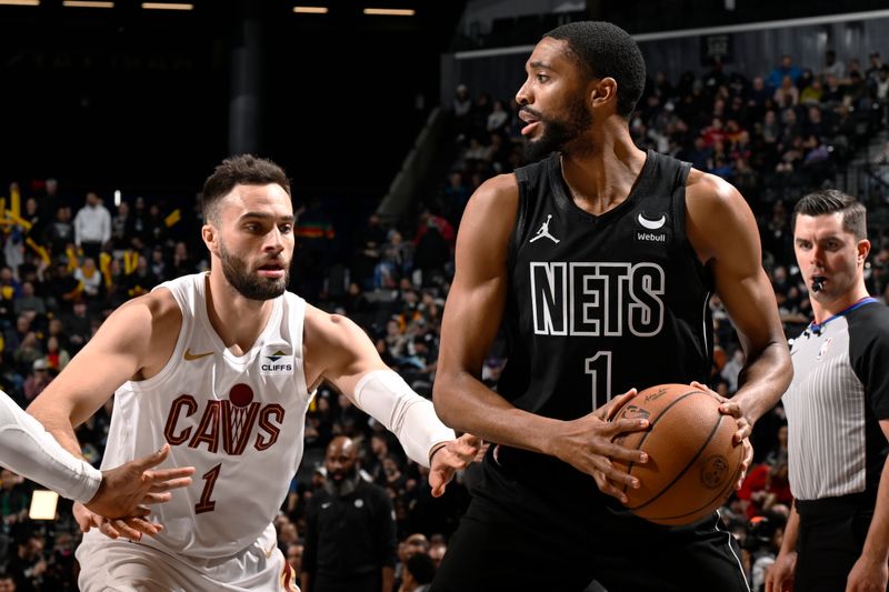 BROOKLYN, NY - FEBRUARY 8: Mikal Bridges #1 of the Brooklyn Nets looks to pass the ball during the game against the Cleveland Cavaliers on February 8, 2024 at the Barclays Center in Brooklyn, New York. NOTE TO USER: User expressly acknowledges and agrees that, by downloading and/or using this Photograph, user is consenting to the terms and conditions of the Getty Images License Agreement. Mandatory Copyright Notice: Copyright 2024 NBAE (Photo by David Dow/NBAE via Getty Images)