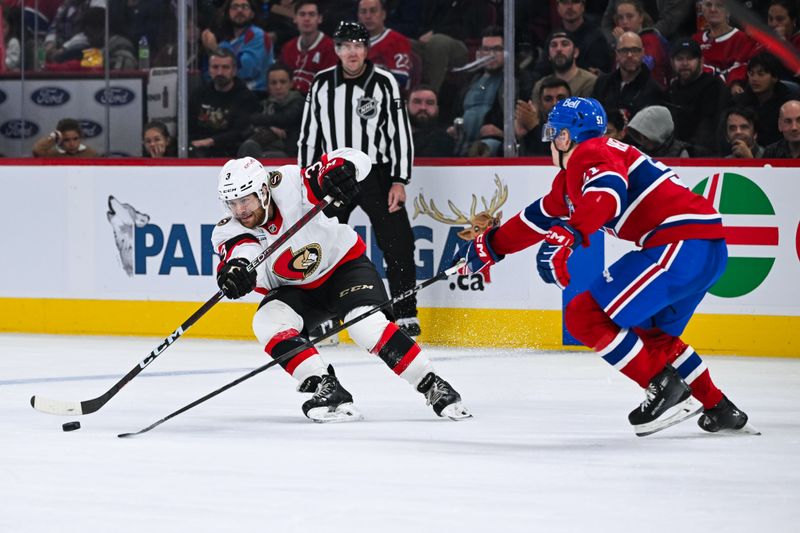 Oct 12, 2024; Montreal, Quebec, CAN; Ottawa Senators defenseman Nick Jensen (3) plays the puck against Montreal Canadiens left wing Emil Heineman (51) during the second period at Bell Centre. Mandatory Credit: David Kirouac-Imagn Images