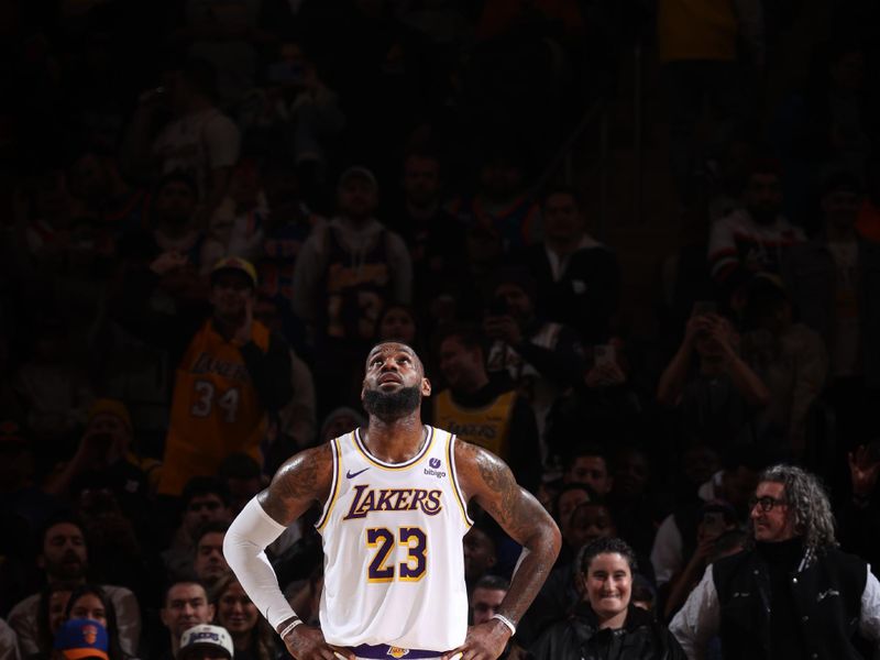 NEW YORK, NY - FEBRUARY 3: LeBron James #23 of the Los Angeles Lakers looks on during the game against the New York Knicks on February 3, 2024 at Madison Square Garden in New York City, New York.  NOTE TO USER: User expressly acknowledges and agrees that, by downloading and or using this photograph, User is consenting to the terms and conditions of the Getty Images License Agreement. Mandatory Copyright Notice: Copyright 2024 NBAE  (Photo by Nathaniel S. Butler/NBAE via Getty Images)