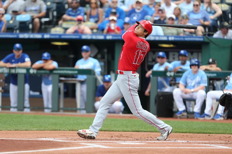 Jun 17, 2023; Kansas City, Missouri, USA; Los Angeles Angels designated hitter Shohei Ohtani (17) watches a hit go foul during the first inning against the Kansas City Royals at Kauffman Stadium. Mandatory Credit: Scott Sewell-USA TODAY Sports