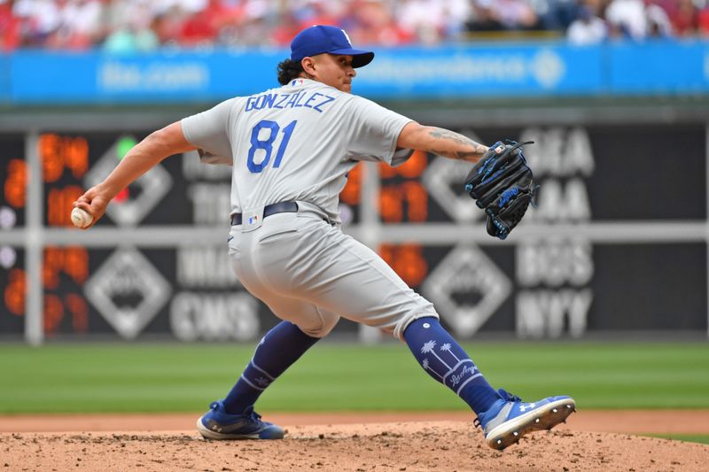 Jun 11, 2023; Philadelphia, Pennsylvania, USA; Los Angeles Dodgers relief pitcher Victor Gonzalez (81) throws a pitch during the second inning against the Philadelphia Phillies at Citizens Bank Park. Mandatory Credit: Eric Hartline-USA TODAY Sports