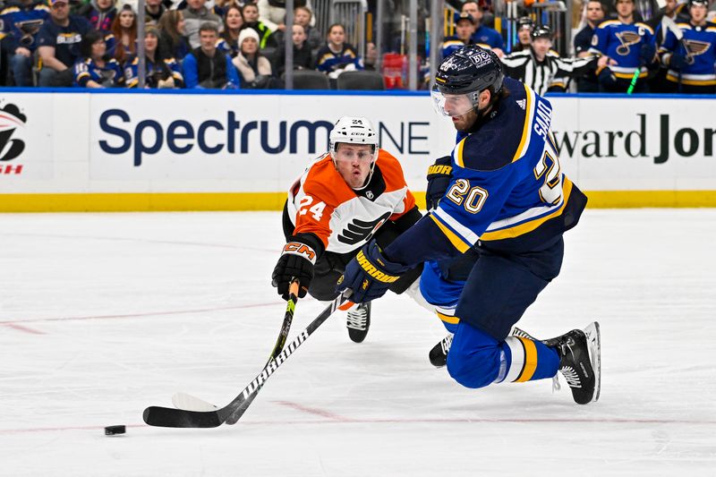 Jan 15, 2024; St. Louis, Missouri, USA;  St. Louis Blues left wing Brandon Saad (20) shoots as Philadelphia Flyers defenseman Nick Seeler (24) dives to defend the shot during the second period at Enterprise Center. Mandatory Credit: Jeff Curry-USA TODAY Sports