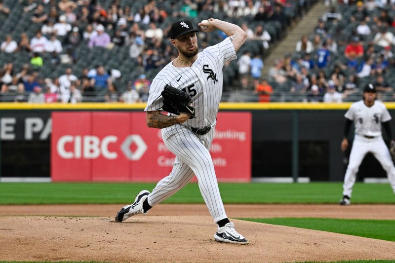 Jun 7, 2024; Chicago, Illinois, USA;  Chicago White Sox pitcher Garrett Crochet (45) delivers against the Boston Red Sox during the first inning at Guaranteed Rate Field. Mandatory Credit: Matt Marton-USA TODAY Sports