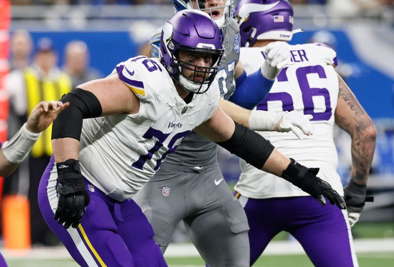 Minnesota Vikings offensive tackle David Quessenberry (76) during the second half of an NFL football game against the Detroit Lions Sunday, Jan. 7, 2024, in Detroit. (AP Photo/Duane Burleson)