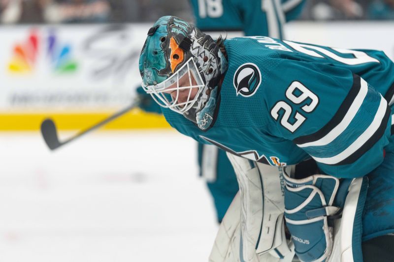 Dec 21, 2023; San Jose, California, USA; San Jose Sharks goaltender Mackenzie Blackwood (29) reacts during the third period against the Arizona Coyotes at SAP Center at San Jose. Mandatory Credit: Stan Szeto-USA TODAY Sports