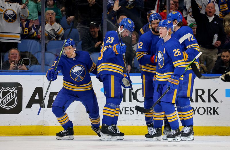 Mar 9, 2023; Buffalo, New York, USA;  Buffalo Sabres left wing Jeff Skinner (53) celebrates his goal with teammates during the third period against the Dallas Stars at KeyBank Center. Mandatory Credit: Timothy T. Ludwig-USA TODAY Sports