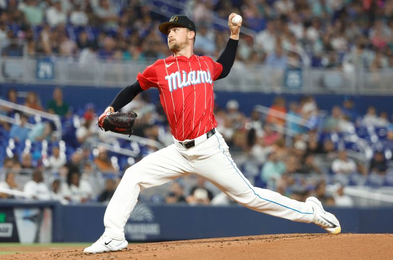 May 18, 2024; Miami, Florida, USA;  Miami Marlins starting pitcher Braxton Garrett (29) delivers a pitch in the second inning at loanDepot Park. Mandatory Credit: Rhona Wise-USA TODAY Sports