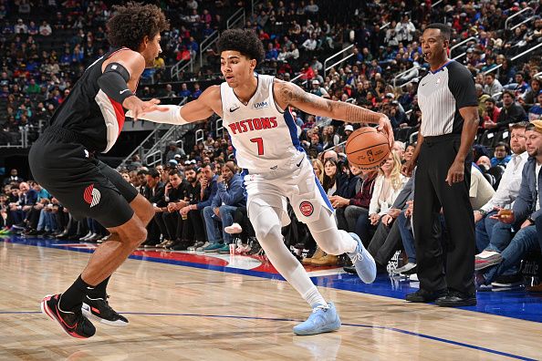 DETROIT, MI - NOVEMBER 1: Killian Hayes #7 of the Detroit Pistons dribbles the ball during the game against the Portland Trail Blazers on November 1, 2023 at Little Caesars Arena in Detroit, Michigan. NOTE TO USER: User expressly acknowledges and agrees that, by downloading and/or using this photograph, User is consenting to the terms and conditions of the Getty Images License Agreement. Mandatory Copyright Notice: Copyright 2023 NBAE (Photo by Chris Schwegler/NBAE via Getty Images)