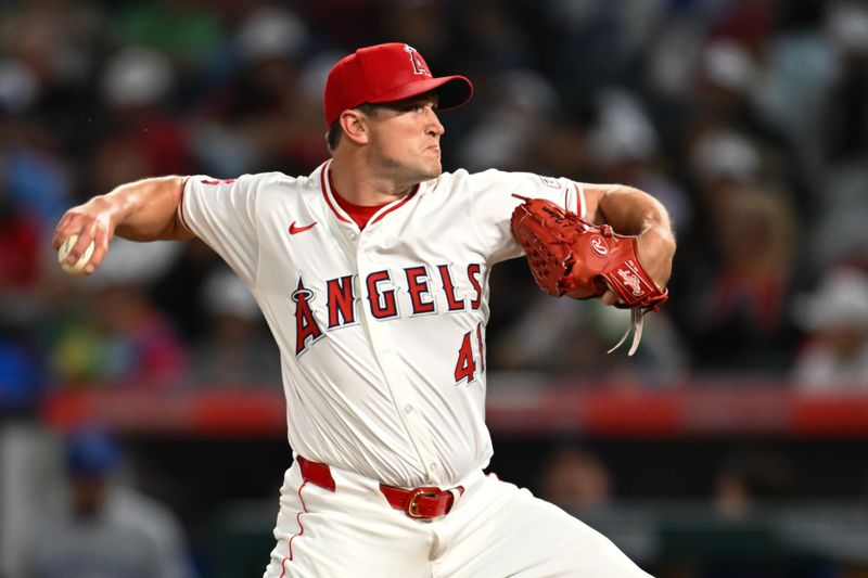 May 11, 2024; Anaheim, California, USA; Los Angeles Angels pitcher Carson Fulmer (41) throws against the Kansas City Royals during the ninth inning at Angel Stadium. Mandatory Credit: Jonathan Hui-USA TODAY Sports