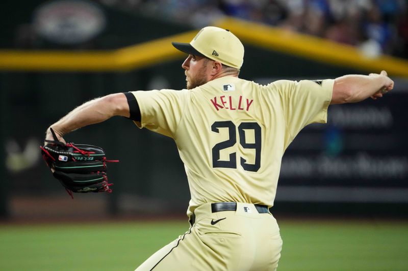 Aug 31, 2024; Phoenix, Arizona, USA; Arizona Diamondbacks pitcher Merrill Kelly (29) pitches against the Los Angeles Dodgers during the first inning at Chase Field. Mandatory Credit: Joe Camporeale-USA TODAY Sports