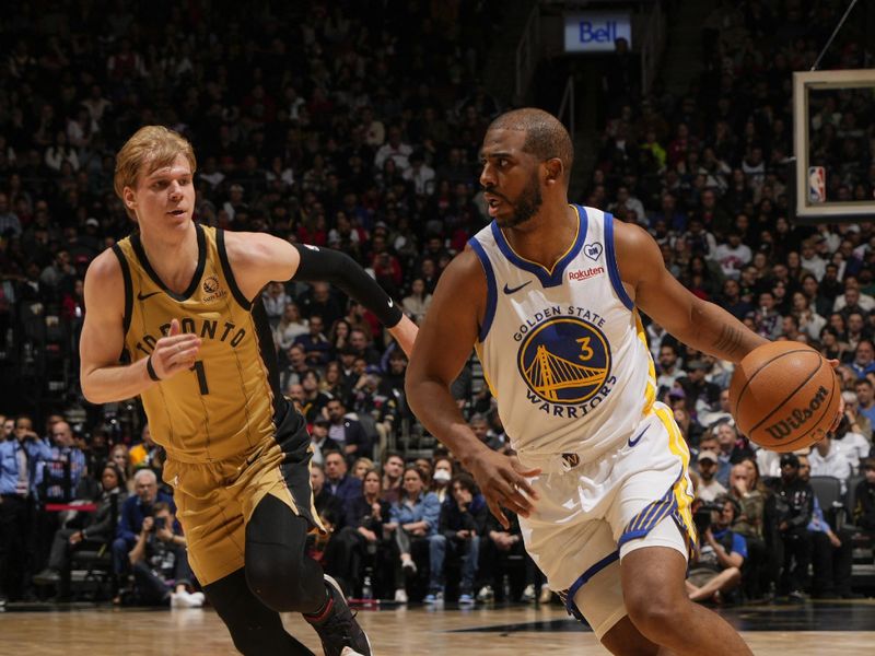 TORONTO, CANADA - MARCH 1:  Chris Paul #3 of the Golden State Warriors goes to the basket during the game on March 1, 2024 at the Scotiabank Arena in Toronto, Ontario, Canada.  NOTE TO USER: User expressly acknowledges and agrees that, by downloading and or using this Photograph, user is consenting to the terms and conditions of the Getty Images License Agreement.  Mandatory Copyright Notice: Copyright 2024 NBAE (Photo by Mark Blinch/NBAE via Getty Images)