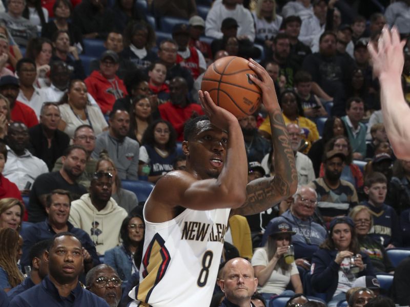 NEW ORLEANS, LA - NOVEMBER 16:  Jamal Cain #8 of the New Orleans Pelicans shoots a three point basket during the game against the Los Angeles Lakers on November 16, 2024 at the Smoothie King Center in New Orleans, Louisiana. NOTE TO USER: User expressly acknowledges and agrees that, by downloading and or using this Photograph, user is consenting to the terms and conditions of the Getty Images License Agreement. Mandatory Copyright Notice: Copyright 2024 NBAE (Photo by Layne Murdoch Jr./NBAE via Getty Images)