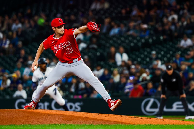 Apr 29, 2025; Seattle, Washington, USA; Los Angeles Angels starting pitcher Jack Kochanowicz (41) throws against the Seattle Mariners during the first inning at T-Mobile Park. Mandatory Credit: Joe Nicholson-Imagn Images