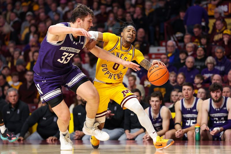 Feb 3, 2024; Minneapolis, Minnesota, USA; Minnesota Golden Gophers guard Elijah Hawkins (0) works around Northwestern Wildcats forward Luke Hunger (33) during the first half at Williams Arena. Mandatory Credit: Matt Krohn-USA TODAY Sports