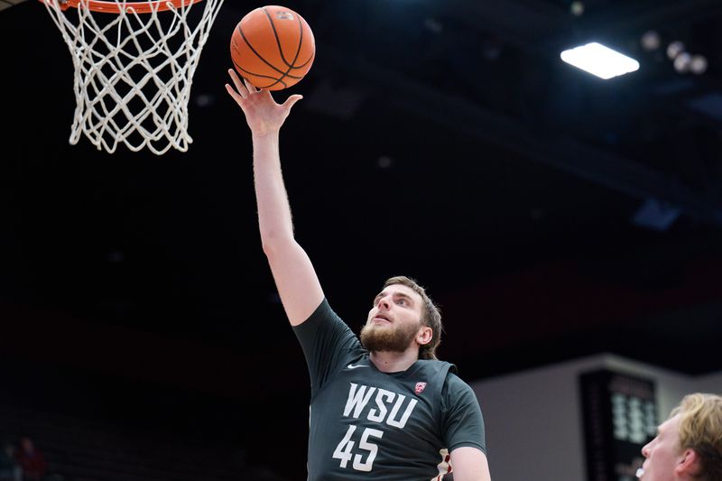 Jan 18, 2024; Stanford, California, USA; Washington State Cougars forward Oscar Cluff (45) shoots the ball against the Stanford Cardinal during the second half at Maples Pavilion. Mandatory Credit: Robert Edwards-USA TODAY Sports