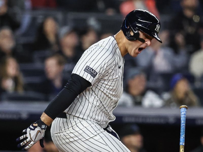 Apr 10, 2024; Bronx, New York, USA;  New York Yankees first baseman Anthony Rizzo (48) reacts after popping out with two runners on in the eighth inning against the Miami Marlins at Yankee Stadium. Mandatory Credit: Wendell Cruz-USA TODAY Sports