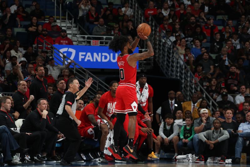 NEW ORLEANS, LA - FEBRUARY 25: Coby White #0 of the Chicago Bulls shoots a three point basket during the game against the New Orleans Pelicans on February 25, 2024 at the Smoothie King Center in New Orleans, Louisiana. NOTE TO USER: User expressly acknowledges and agrees that, by downloading and or using this Photograph, user is consenting to the terms and conditions of the Getty Images License Agreement. Mandatory Copyright Notice: Copyright 2024 NBAE (Photo by Layne Murdoch Jr./NBAE via Getty Images)