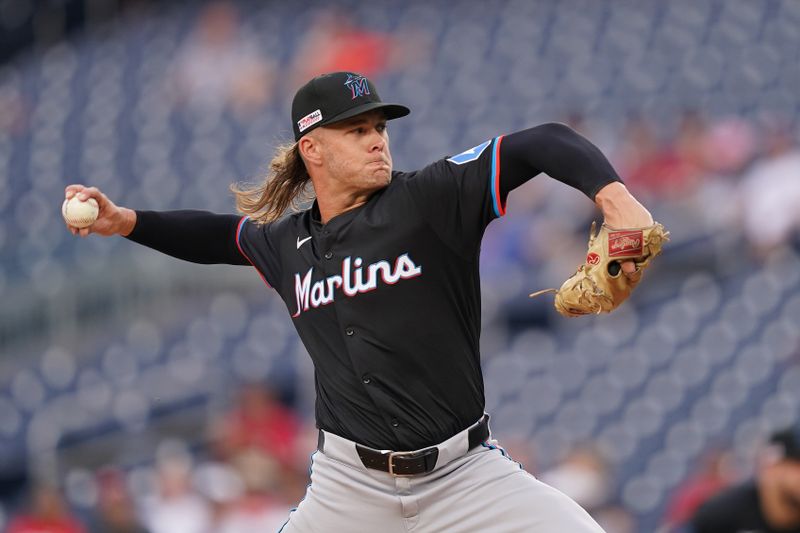 Jun 14, 2024; Washington, District of Columbia, USA; Miami Marlins starting pitcher Shaun Anderson (48) throws the ball against the Washington Nationals during the first inning at Nationals Park. Mandatory Credit: Amber Searls-USA TODAY Sports