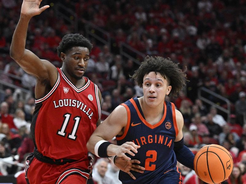 Jan 13, 2026; Louisville, Kentucky, USA;  Virginia Cavaliers guard Chance Mallory (2) dribbles against Louisville Cardinals guard Kobe Rodgers (11) during the first half at KFC Yum! Center. Mandatory Credit: Jamie Rhodes-Imagn Images