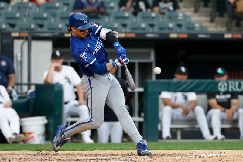 Jun 8, 2025; Chicago, Illinois, USA; Kansas City Royals designated hitter Bobby Witt Jr. (7) hits a two-run home run against the Chicago White Sox during the ninth inning at Rate Field. Mandatory Credit: Kamil Krzaczynski-Imagn Images