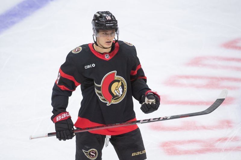 Nov 2, 2024; Ottawa, Ontario, CAN; Ottawa Senators  center Tim Stutzle (18) skates in the third period against the Seattle Kraken at the Canadian Tire Centre. Mandatory Credit: Marc DesRosiers-Imagn Images