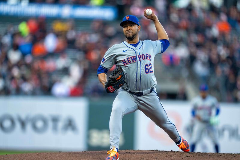 Apr 22, 2024; San Francisco, California, USA;  New York Mets pitcher Jose Quintana (62) delivers a pitch against the San Francisco Giants during the first inning at Oracle Park. Mandatory Credit: Neville E. Guard-USA TODAY Sports