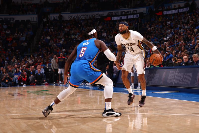 OKLAHOMA CITY, OK - NOVEMBER 13:  Brandon Ingram #14 of the New Orleans Pelicans dribbles the ball during the game against the Oklahoma City Thunder on November 13, 2024 at Paycom Center in Oklahoma City, Oklahoma. NOTE TO USER: User expressly acknowledges and agrees that, by downloading and or using this photograph, User is consenting to the terms and conditions of the Getty Images License Agreement. Mandatory Copyright Notice: Copyright 2024 NBAE (Photo by Zach Beeker/NBAE via Getty Images)