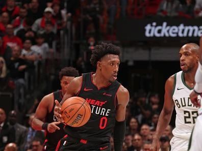 MIAMI, FL - NOVEMBER 28: Josh Richardson #0 of the Miami Heat brings the ball up court against the Milwaukee Bucks during the In-Season Tournament on November 28, 2023 at Kaseya Center in Miami, Florida. NOTE TO USER: User expressly acknowledges and agrees that, by downloading and or using this Photograph, user is consenting to the terms and conditions of the Getty Images License Agreement. Mandatory Copyright Notice: Copyright 2023 NBAE (Photo by Issac Baldizon/NBAE via Getty Images)