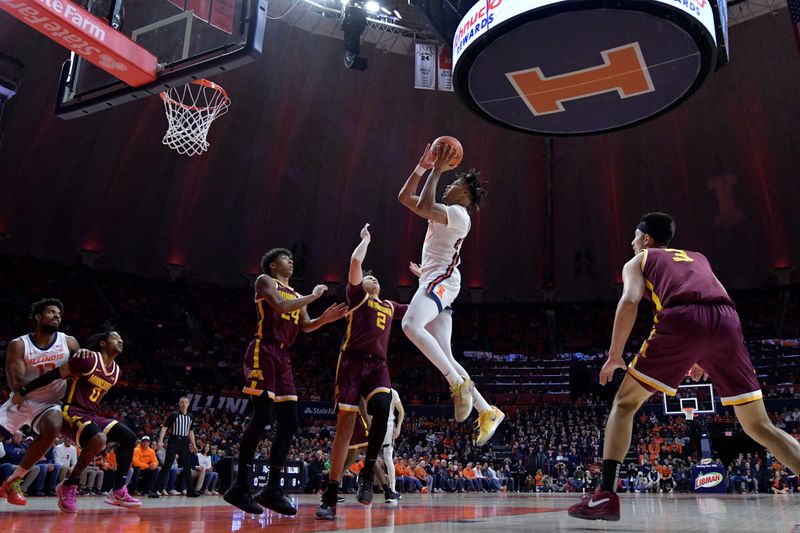 Feb 28, 2024; Champaign, Illinois, USA; Illinois Fighting Illini guard Terrence Shannon Jr. (0) drives to the basket during the first half against the Minnesota Golden Gophers at State Farm Center. Mandatory Credit: Ron Johnson-USA TODAY Sports