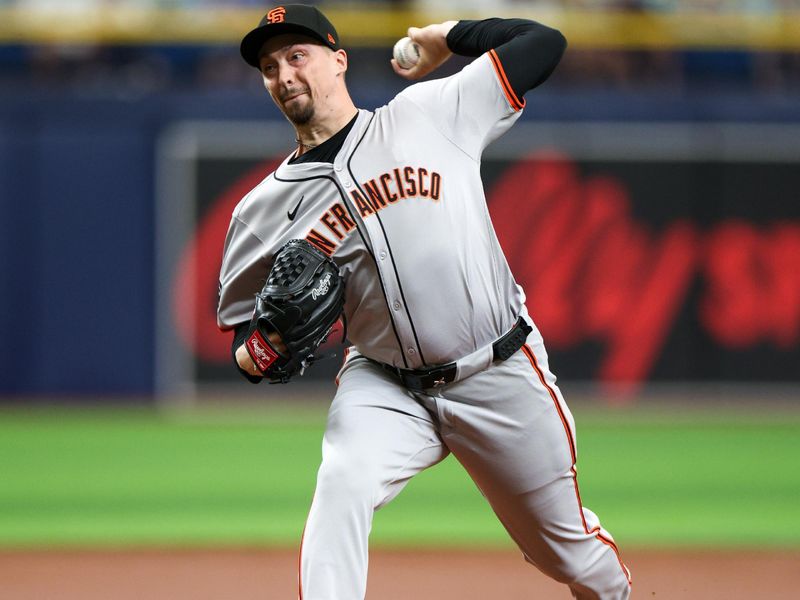 Apr 14, 2024; St. Petersburg, Florida, USA;  San Francisco Giants pitcher Blake Snell (7) throws a pitch against the Tampa Bay Rays in the first inning at Tropicana Field. Mandatory Credit: Nathan Ray Seebeck-USA TODAY Sports