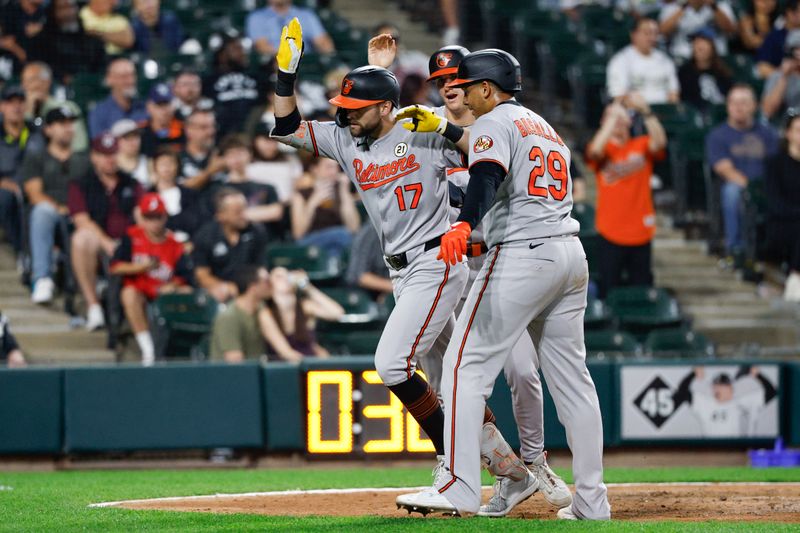 Sep 15, 2025; Chicago, Illinois, USA; Baltimore Orioles center fielder Colton Cowser (17) celebrates with teammates after hitting a three-run home run against the Chicago White Sox during the sixth inning at Rate Field. Mandatory Credit: Kamil Krzaczynski-Imagn Images