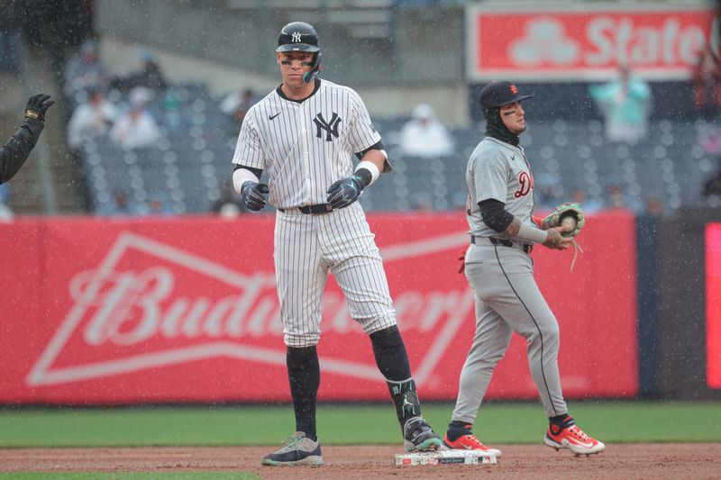 May 5, 2024; Bronx, New York, USA; New York Yankees center fielder Aaron Judge (99) reacts after his double during the sixth inning against the Detroit Tigers at Yankee Stadium. Mandatory Credit: Vincent Carchietta-USA TODAY Sports